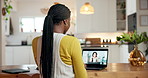 Home, back and woman with laptop, video call and remote work with online meeting. Apartment, person and freelancer with computer, virtual consultation and conversation with feedback for project