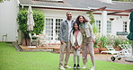New home, family and parents with child with face, smile and property for mortgage or real estate. Dream house, mother and father with girl in neighborhood, bonding together and hug for relocation
