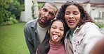 Selfie, funny face and laugh with family in garden for bonding, social media post and love. Funny, picture and online memory with parents and child in backyard of home for support and happiness