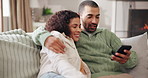 Happy, phone and couple on sofa in home on mobile app for networking, social media or contact together. Bonding, cellphone and man with woman for reading online blog post in living room at house.