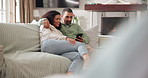 Smile, phone and couple on sofa in home on mobile app for networking, social media or contact together. Bonding, cellphone and man with woman for reading online blog post in living room at house.