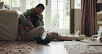 Comfort, crying or support with father and daughter on floor in bedroom of home for empathy. Console, emotions or sorrow with girl child and single parent man hugging in apartment for bonding or love