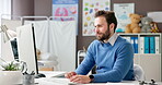 Man, doctor and typing with computer for communication, online advice or medical research. Male person, healthcare employee or pediatrician for email, report or schedule appointments in clinic