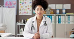 Video call, telehealth and face of doctor consulting for online diagnosis, prescription and help. Healthcare, portrait and woman in virtual meeting for patient care, medical service and writing notes