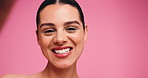 Selfie, skincare and woman in studio, funny and dermatology with wellness on pink background. Portrait, space and person with beauty, tongue out and cosmetics with healthy skin and facial expression