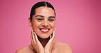 Happy, beauty and face of woman on pink background for skincare, wellness and facial treatment. Dermatology, space and portrait of person with hands for cosmetics, confidence and glow in studio