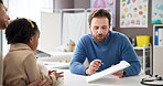 Mother, child and doctor with clipboard in clinic for test results, health insurance and checkup. Hospital, people and pediatrician with paperwork for patient treatment plan, medical help or feedback