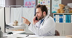 Phone call, doctor and man talking by computer for online consultation, advice or expertise. Pediatrician, communication and person with technology for telehealth, medical and healthcare in clinic