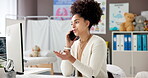 Phone call, doctor and woman talking for consultation, medical advice or expertise. Pediatrician, communication and african person with technology for telehealth, test results or healthcare in clinic