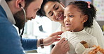 Clinic, listen and child with doctor for breathing test, checkup or treatment. Heartbeat, medical help and healthcare pediatrician consulting in office with sick kid, stethoscope or lungs assessment