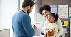 Mother, child and pediatrician with clipboard in clinic for writing symptoms, assessment or checkup. Health, people or doctor with paperwork for patient treatment plan, medical prescription or advice
