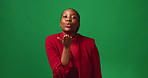 Blowing, kiss and woman with fashion, face and happy for valentines day, laugh and green background. Mockup space, flirting and black person with stylish clothes, confident or humor for date in Kenya
