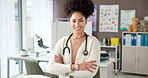 Arms crossed, doctor or face of happy woman in office for healthcare career, wellness or service. Proud, female gynaecologist or medical professional worker with smile for trust or hospital medicine