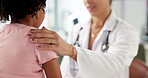 Hands, doctor and comfort child in clinic for health feedback, medical service or support. Healthcare, pediatrician and console kid patient in consultation for diagnosis news, compassion and results