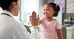Consultation, kid or doctor with high five in clinic for health progress, test results or recovery. Healthcare, pediatrician and child patient with celebration for good news, illness free or feedback