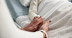 Parent, hands or sick child in hospital bed for support, love or medical health with family. Visit, rubbing or closeup of kid patient in clinic for kindness, healthcare or empathy in rehabilitation