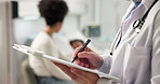 Clipboard, hospital and hands of doctor with child for diagnosis, patient info and medical report. Healthcare, pediatrician and person writing notes for insurance form, surgery results and consulting