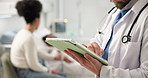 Tablet, hospital and doctor with child in bed for diagnosis, patient info and medical report. Healthcare, pediatrician and person on digital tech for online insurance, surgery results and consulting