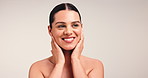 Beauty, happy and woman with skincare in studio for cosmetics, glowing skin and wellness. Clean, girl and confidence on white background with hydration treatment results, self care and mockup space