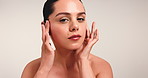 Beauty, face and woman with glow in studio for wellness, check treatment results or hydration. Clean, person and confidence on white background with skin inspection, self care routine or mockup space