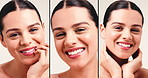 Face, series and skincare with happy woman in studio for beauty, dermatology and laugh. Portrait, montage and cosmetics with model for natural glow, funny or silly with tongue out on white background
