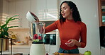 Smoothie, nutrition and blender with woman in kitchen for collagen powder, detox drink and sequence. Wellness, health and protein shake with person in home for fruit, diet and vitamin c benefits