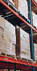 Empty, warehouse and stock on shelf, logistics and goods for supply chain, shipping or distribution. Commercial building, production and merchandise boxes for import, storage and package in factory