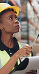 Logistics, woman and counting stock with clipboard for storage inventory, shipping and distribution. Worker, black person and checklist in warehouse for supply chain, export management and inspection