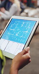 Hands, person and tablet screen with blueprint for warehouse design, floor plan and expansion. Contractor, digital and review sketch of factory layout, planning renovation and maintenance information