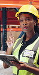 Logistics, worker and counting stock with tablet for storage inventory, shipping and distribution. Inspector, black woman and digital checklist in warehouse for export management and cargo inspection