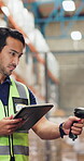 Scanner, man and shipping with tablet in warehouse for quality control, delivery or inspection. Distribution officer, logistics or supply chain with commercial plant for transport backlog or service