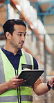 Scanner, man and logistics with tablet in warehouse for quality control, delivery or inspection. Distribution officer, shipping or supply chain with commercial plant for transport backlog or service