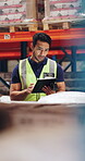 Tablet, scanner and shipping with man in warehouse for logistics, cargo and digital checklist. Delivery schedule, online freight manager and supply chain inventory with employee for export stock