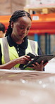 Scanner, woman and shipping with tablet in warehouse for quality control, delivery or inspection. Distribution officer, freight or supply chain with commercial plant for transport backlog or service