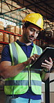 Distribution, supply chain and man in warehouse, tablet and checklist for inventory, stock and typing. Person, factory and employee with tech, quality control and logistics with tech and online order