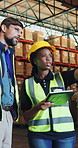 Warehouse team, tablet and people with discussion for shipping, inventory and distribution. Tech, logistics and worker with collaboration for planning with supply chain, stock or point for inspection