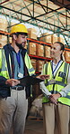 Man, staff and meeting with tablet at warehouse for planning, supply chain and logistics. People, team and listen for discussion, storage inspection and courier checklist for distribution solution