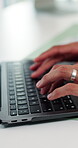 Hands, laptop and typing for story editing, employee in publishing with report or article for review. Person, pc keyboard and copywriting project with email, feedback or newsletter at creative agency