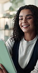 Tablet, happy and businesswoman in office with research for finance report with budget planning. Digital technology, smile and female financial manager checking investment proposal in workplace.