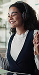 Dancing, woman and employee with headphones, office or listening to music, happy and streaming song. Online, audio and person with tech for fun in business, smile and rhythm with playlist or radio