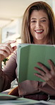 Tablet, happy and businesswoman in office with research for finance report with company budget. Smile, digital technology and mature female financial manager with email for investment proposal.