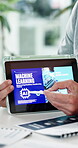 Tablet, screen and hands explain machine learning, stylus and training for AI innovation. Future, digital transformation and development in tech with business person for coaching, workshop or seminar
