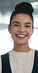Face, creative and woman with smile in office for career pride, about us and journalist at agency. Portrait, happy and female person laugh for funny joke, media reporter and confidence of publication