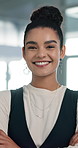 Face, creative and woman with arms crossed in office for career pride, about us and journalist at agency. Portrait, happy and female person with ambition, media reporter and confidence on publication