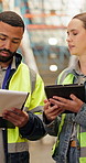Tablet, supply chain and people in warehouse for discussion, inspection or inventory for quality assurance. Talking, digital technology and industrial employees with planning for freight distribution