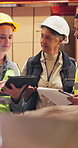 Logistics, group and research with tablet, factory and preparing for shipping stock or distribution. Talking, industrial engineer and people with tech for supply chain, planning and team in warehouse