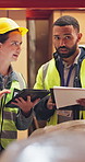 Logistics, team or tablet with inspection in warehouse for quality control, stock safety or teamwork. Shipping supervisor, people or clipboard for service delivery, cargo distribution or instructions