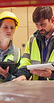 Logistics, team or clipboard with inspection in warehouse for quality control, shipping or checklist. Storage supervisor, people and tablet for service delivery, cargo distribution and supply chain