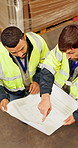Above, blueprints and men in warehouse, teamwork and discussion with supply chain. Employees, engineering and people in manufacturing factory, cooperation and document with layout and distribution