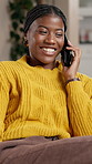 Smile, black woman and rest with phone call at house for discussion, funny joke and catch up. Happy, female person and laughing with mobile for conversation, gossip news and chat online with contact